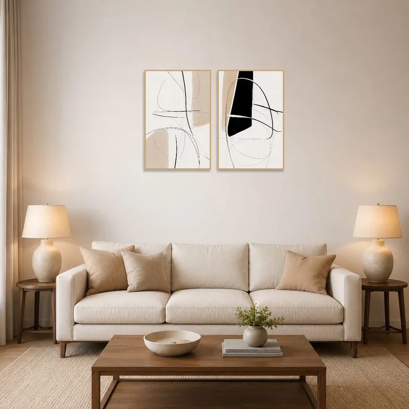 Abstract Lines and Shapes duo set above a modern sofa in the living room.