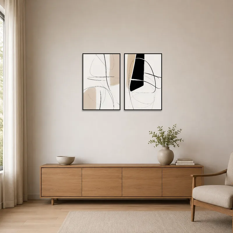 Sleek abstract lines duo set displayed in a minimalist room with sparse furnishings.