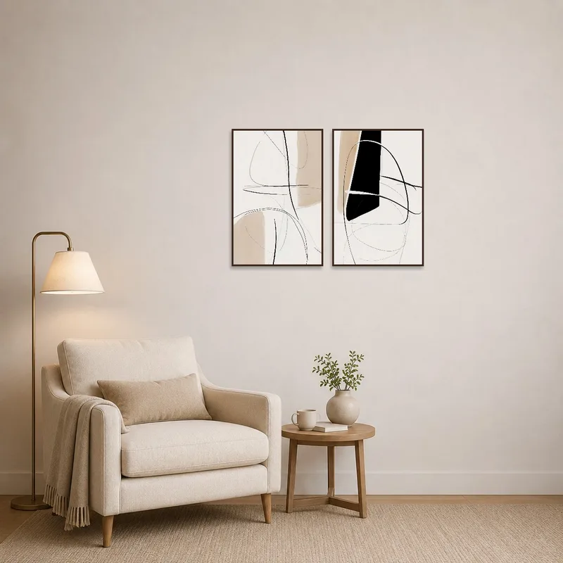 Contemporary abstract lines duo set enhances a cozy reading corner ambiance.