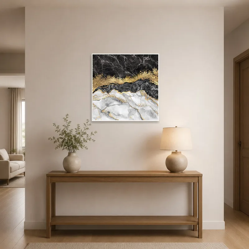Entrance hall featuring an abstract marble art print with gold highlights.