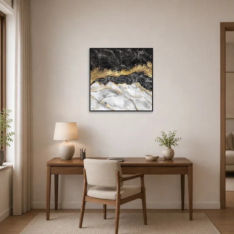 Home office enhanced by an abstract gold-infused marble art print.
