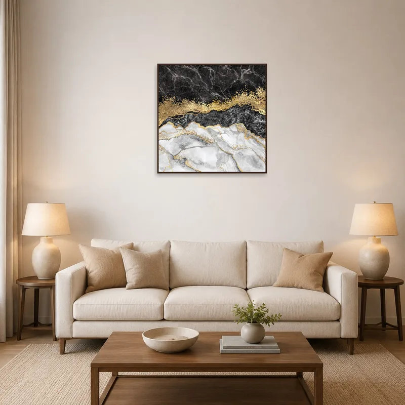 Abstract marble art print with gold accents in a living room setting.