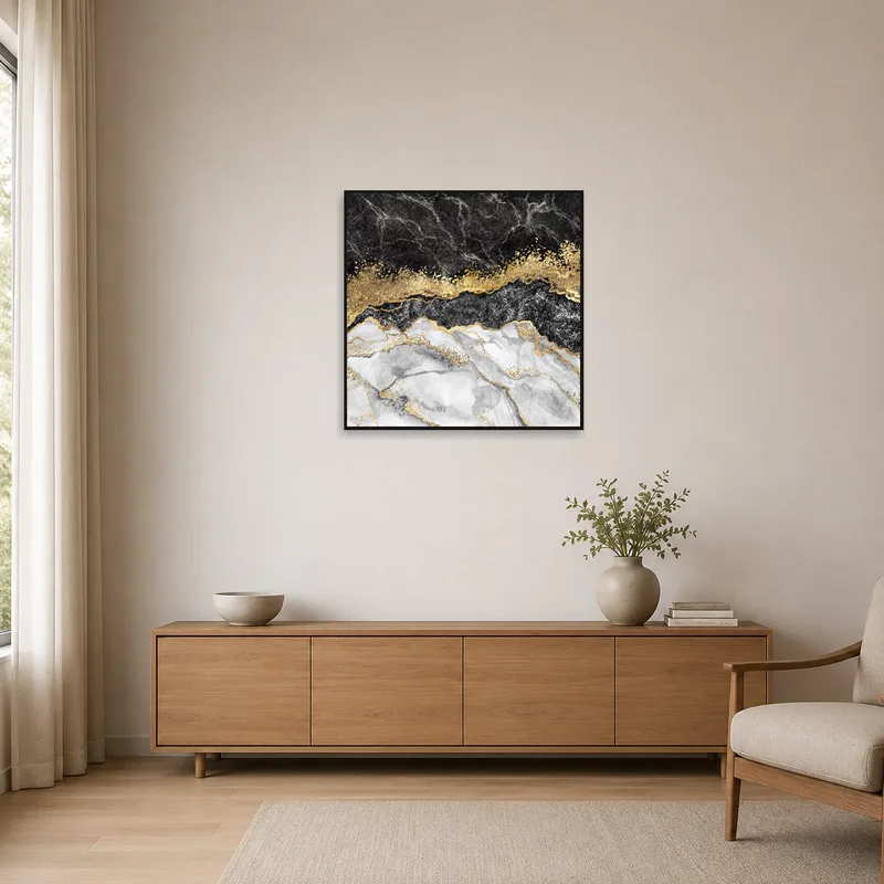 Minimalist room showcasing a marble and gold infused art print.