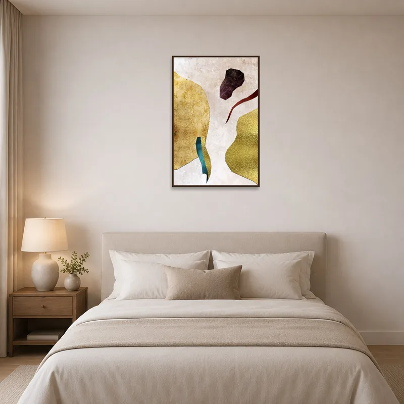 Abstract metallic collage in earthy tones accenting a serene bedroom with plush bedding.