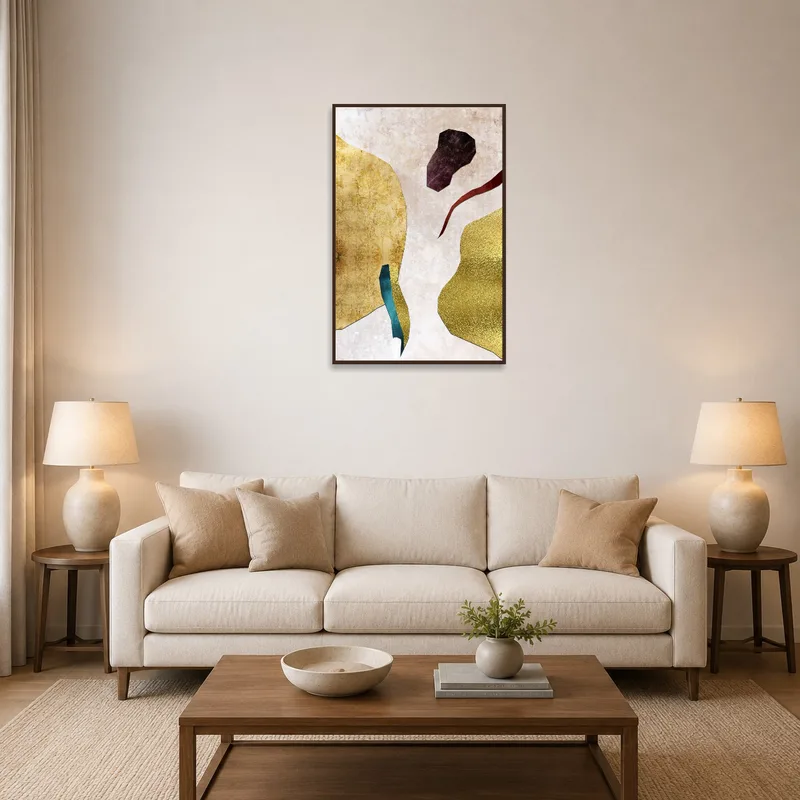 Abstract metallic collage in earthy tones on a living room wall with a cozy seating arrangement.