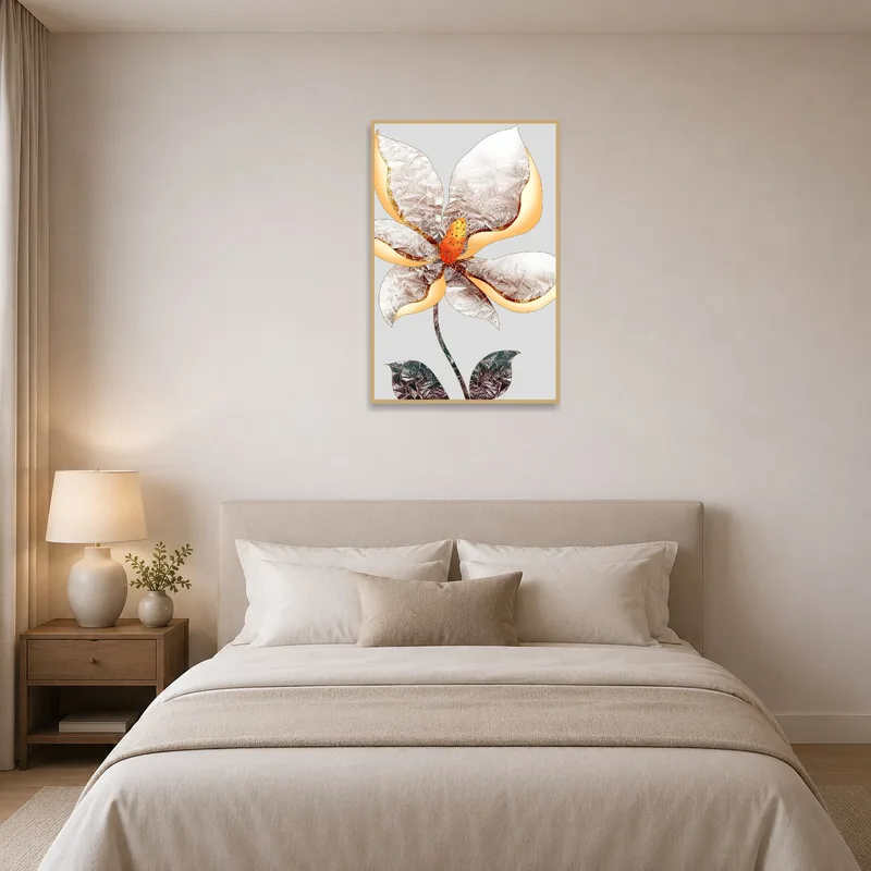 Abstract floral artwork enhances the tranquil atmosphere of a bedroom.