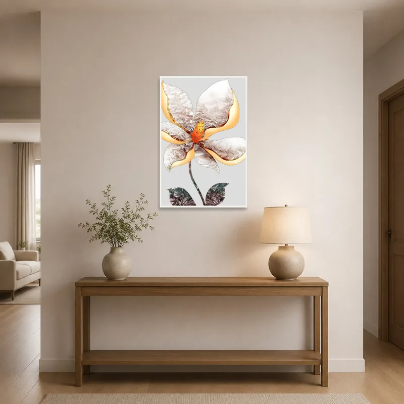 Artistic metallic floral design welcomes guests in an elegant entrance hall.