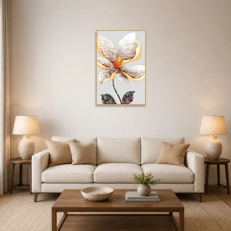 Abstract metallic floral art hanging in a stylish living room with modern furniture.