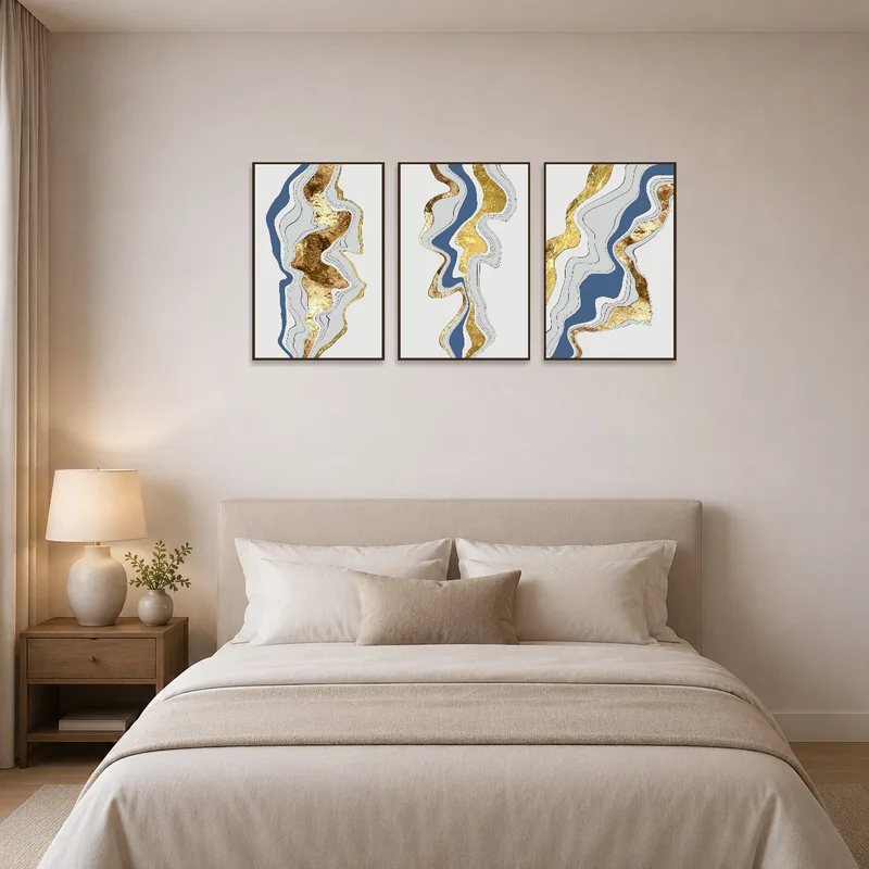 Modern bedroom enhanced by a striking abstract geode art triptych on the wall.