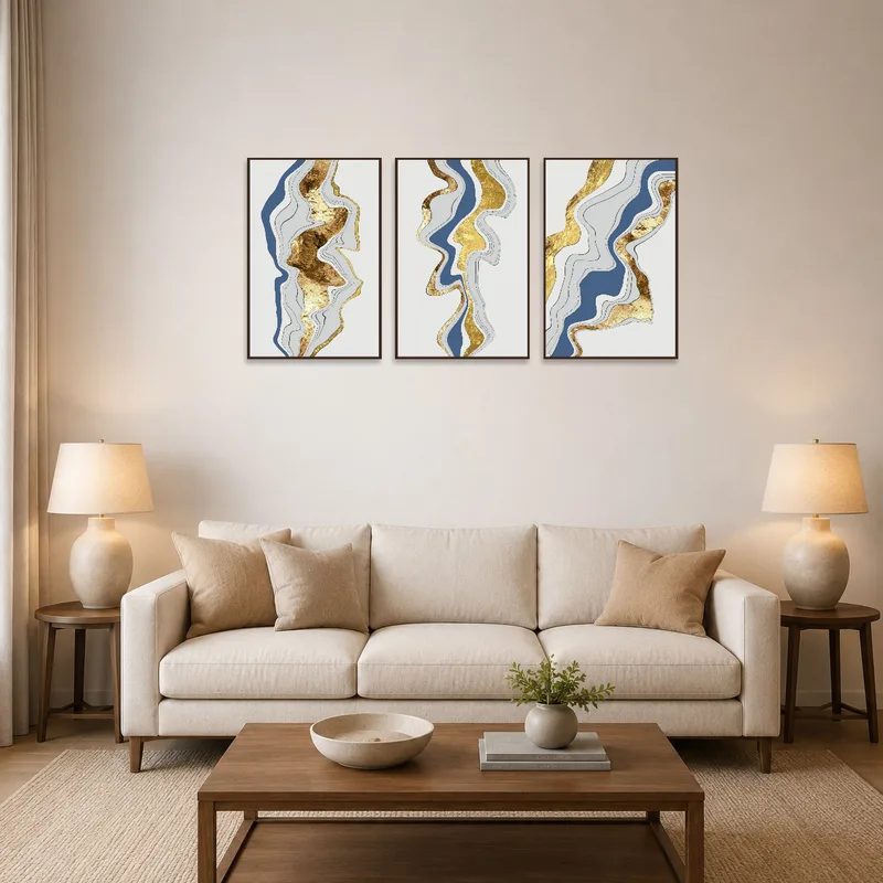 Abstract metallic geode triptych set on living room wall with modern chic decor.