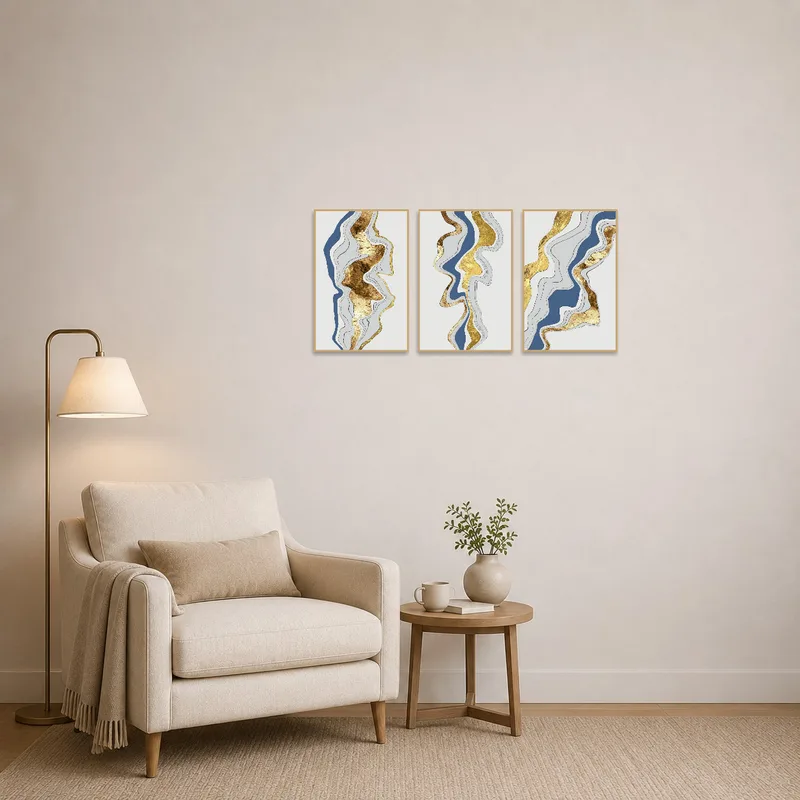 Metallic geode triptych brings a touch of sophistication to the cozy reading corner.