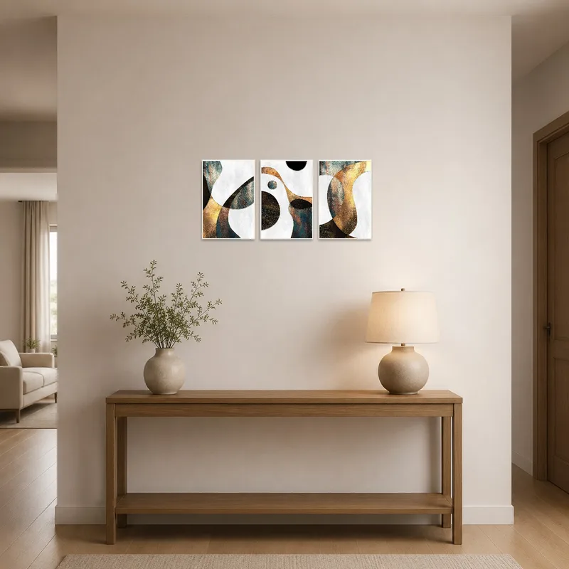 Geometric metallic triptych set displayed in the entrance hall, giving a stylish first impression.