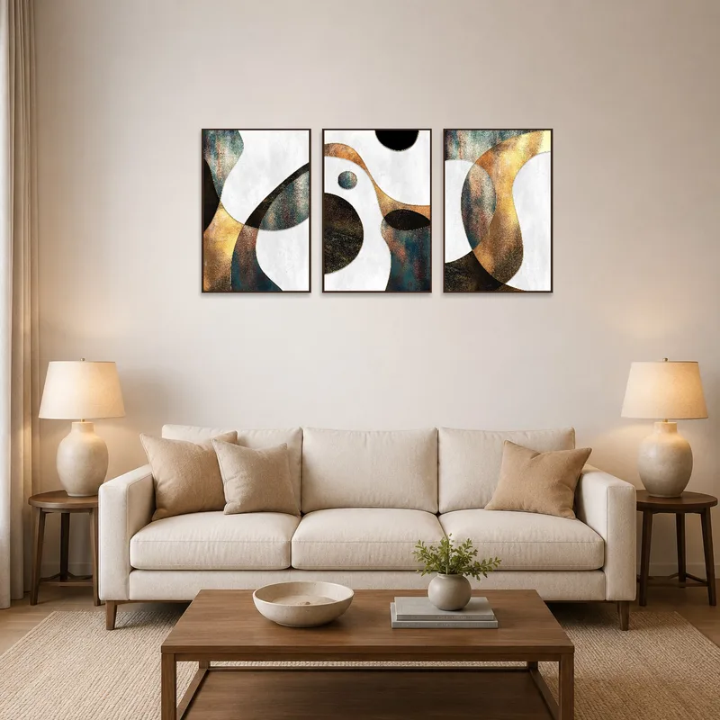 Abstract metallic geometric triptych set on a living room wall above a modern sofa.