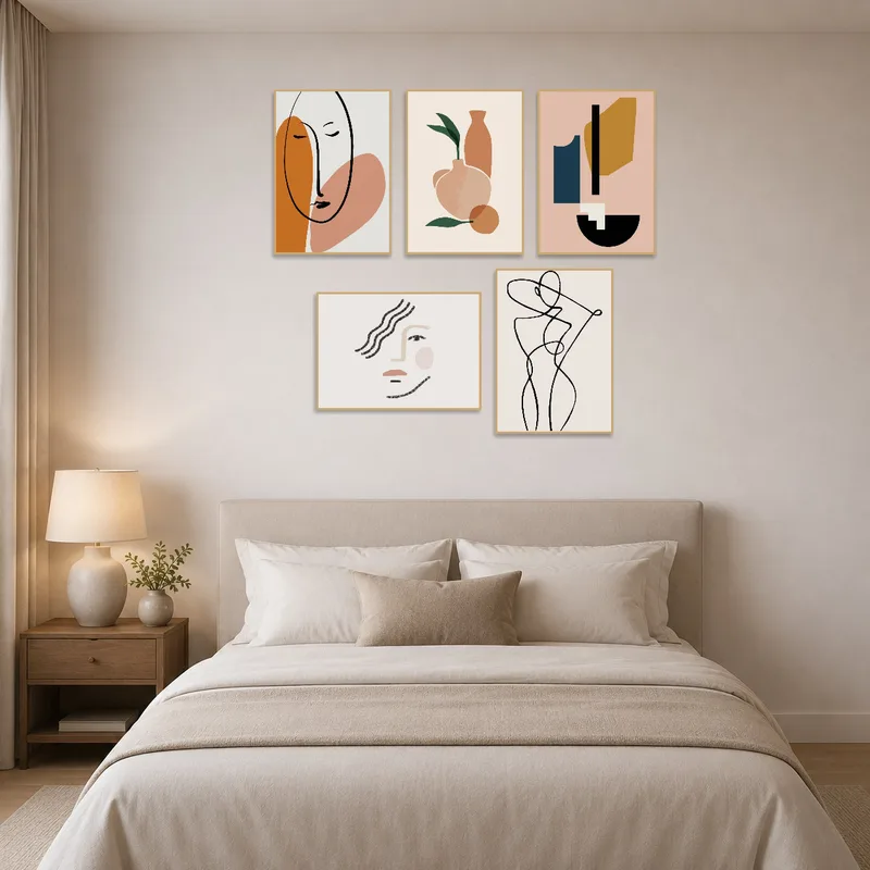 Art set brings earthy tones and tranquility to the bedroom.
