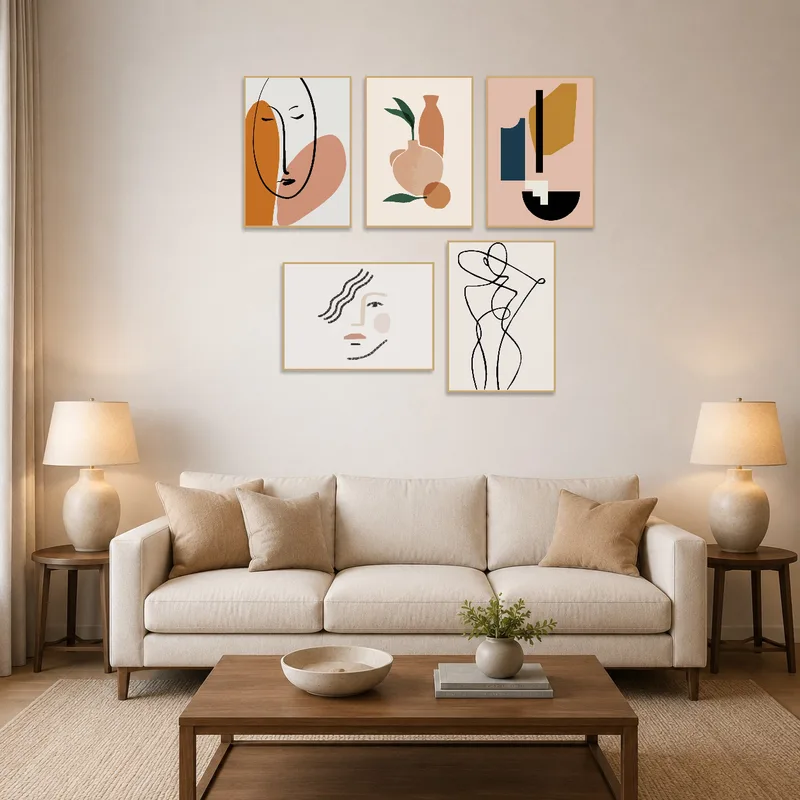 Abstract minimalist art set above a modern sofa, adding warmth to the living room.