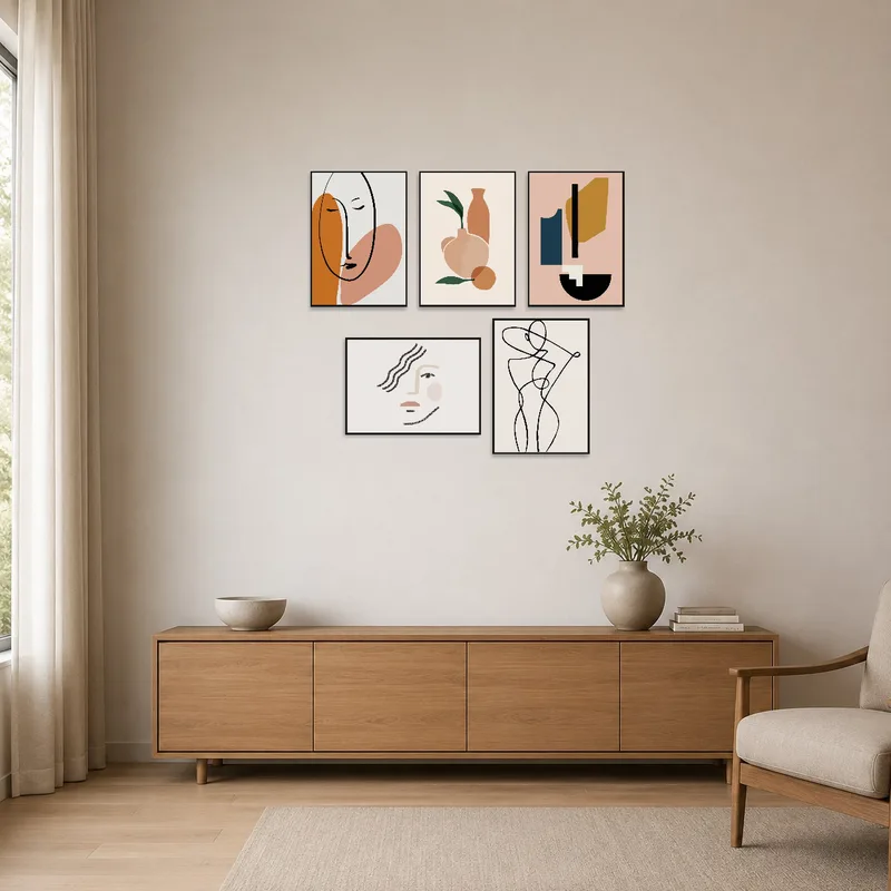 Subtle earthy-toned art set enhances the clean lines of a minimalist space.