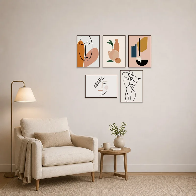 Art set in soothing tones complements the serene reading corner.