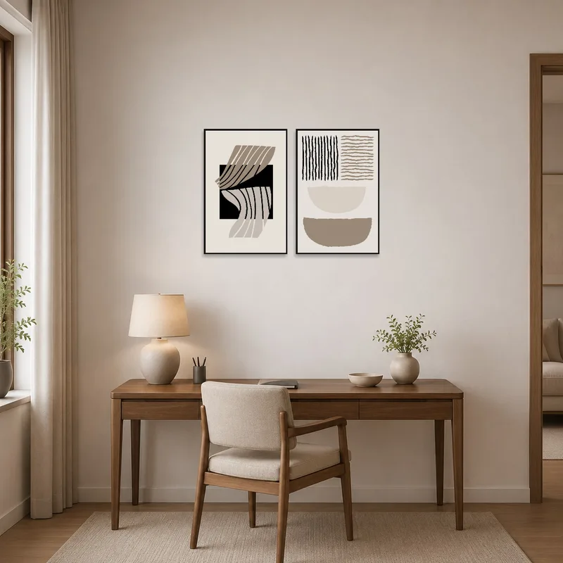 Abstract geometric diptych set inspiring creativity in the home office.
