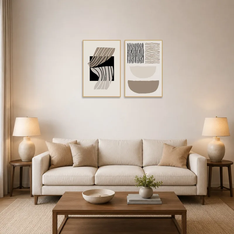 Abstract geometric diptych set displayed above a modern sofa in the living room.