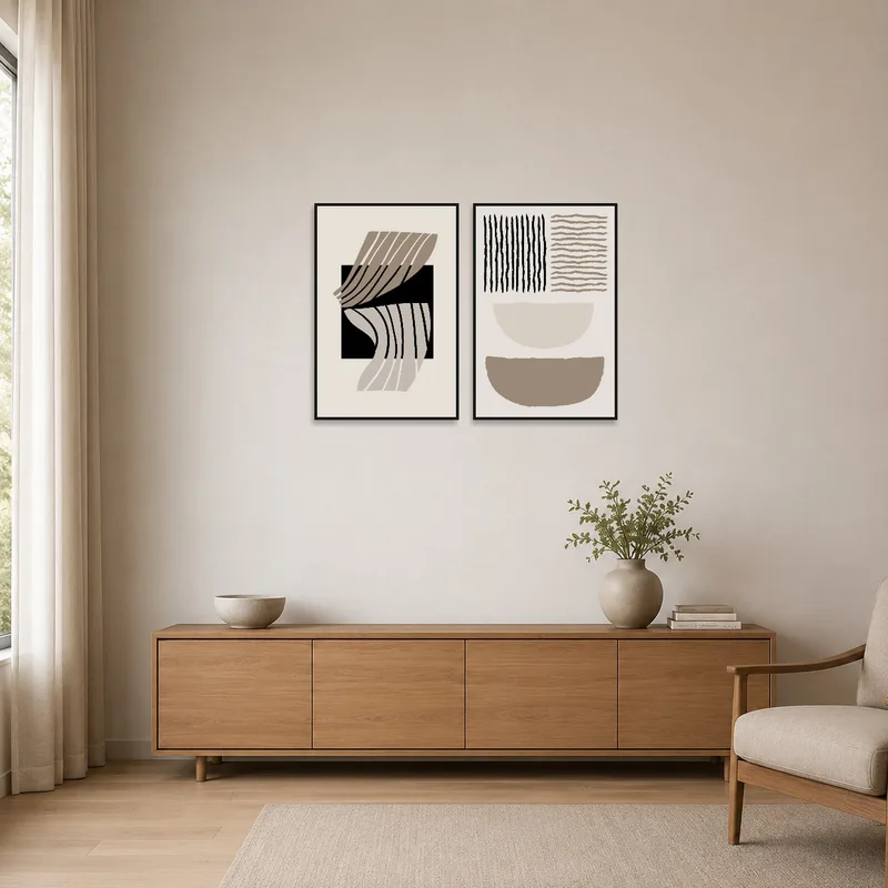 Minimalist geometric diptych set gracing a stark, uncluttered wall.