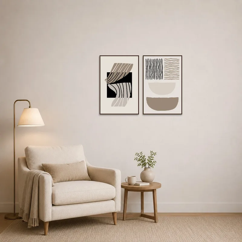 Diptych of geometric shapes enhances the cozy vibe of the reading corner.