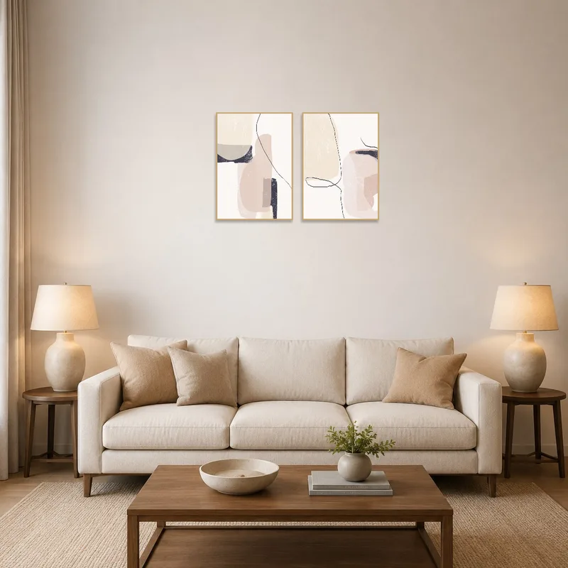 Abstract minimalist art set in neutral tones displayed above a sofa in a modern living room.