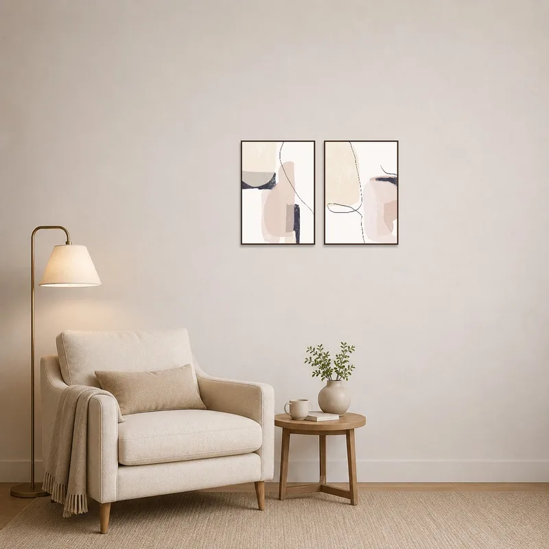 Neutral-toned minimalist art accents a cozy reading corner.