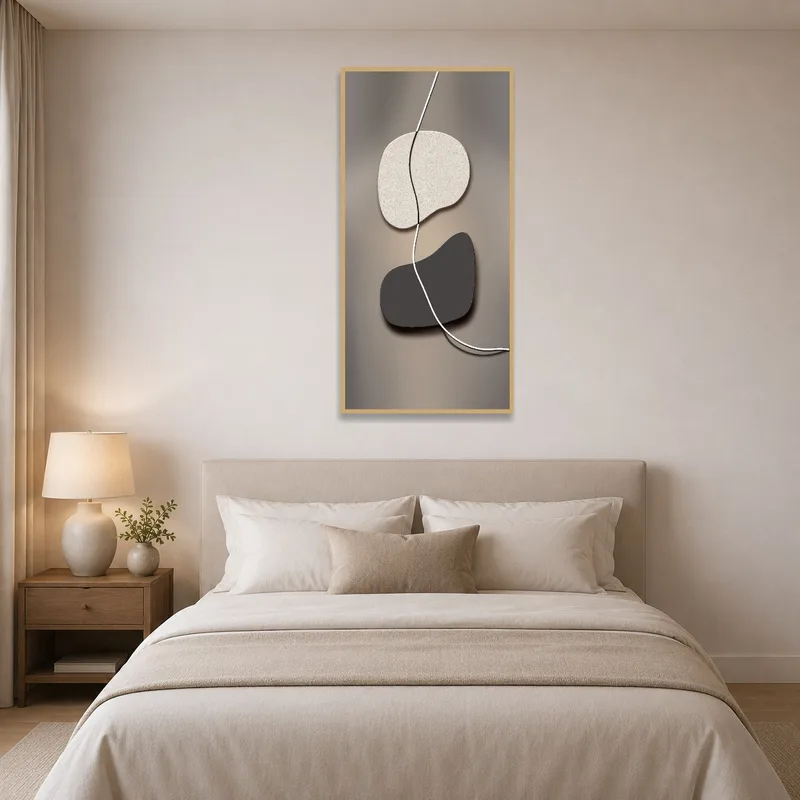 Bedroom wall exhibiting calming abstract minimalist art.