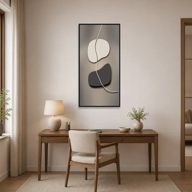 Abstract organic lines art enhancing a home office space.