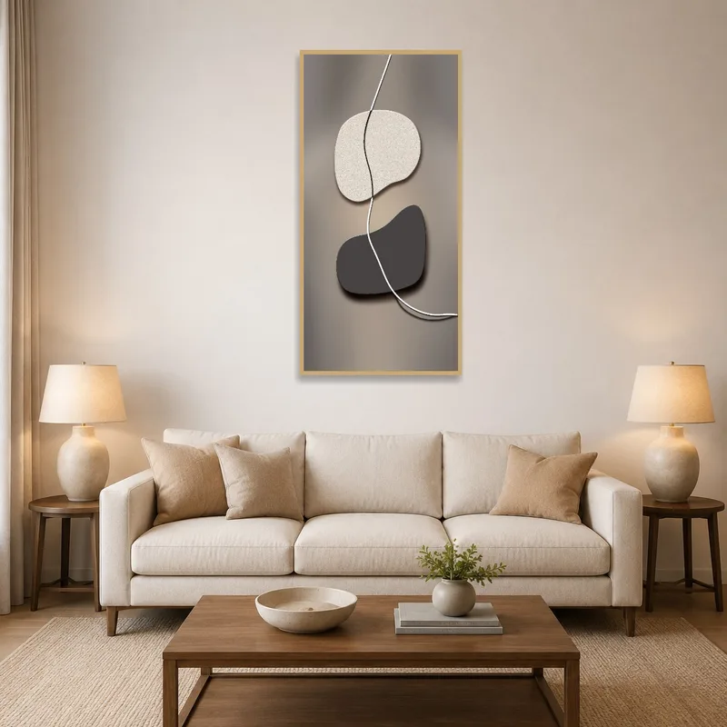 Abstract minimalist art on a living room wall with cozy seating.