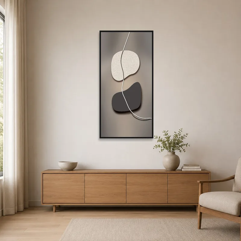 Minimalist shapes artwork in a serene, uncluttered room.