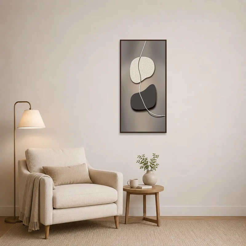 Reading corner adorned with abstract minimalist shapes art.