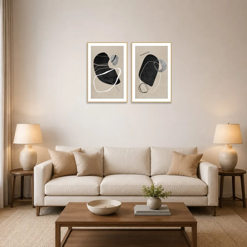 Set of abstract black and white forms above a modern sofa in a living room.