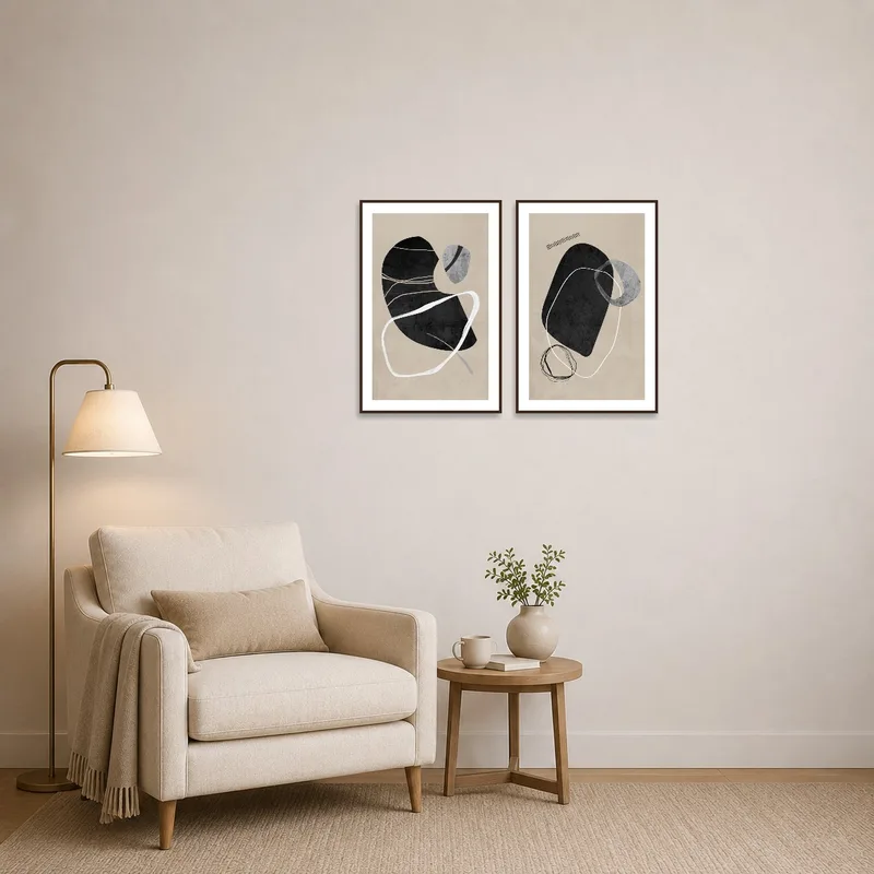 Artistic monochrome set creates a focal point in a cozy reading corner.