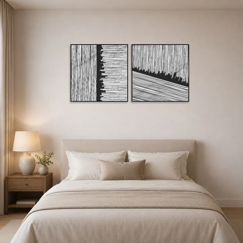 Serene bedroom with abstract monochrome line art set displayed above the bed.