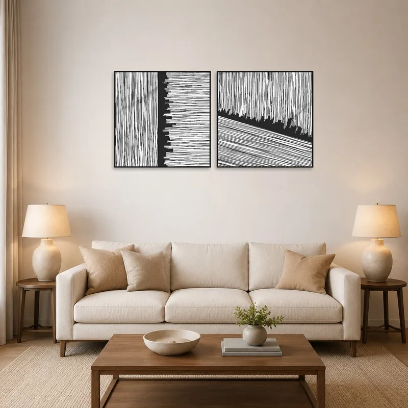 Abstract monochrome line art set hangs on a living room wall above a modern sofa.