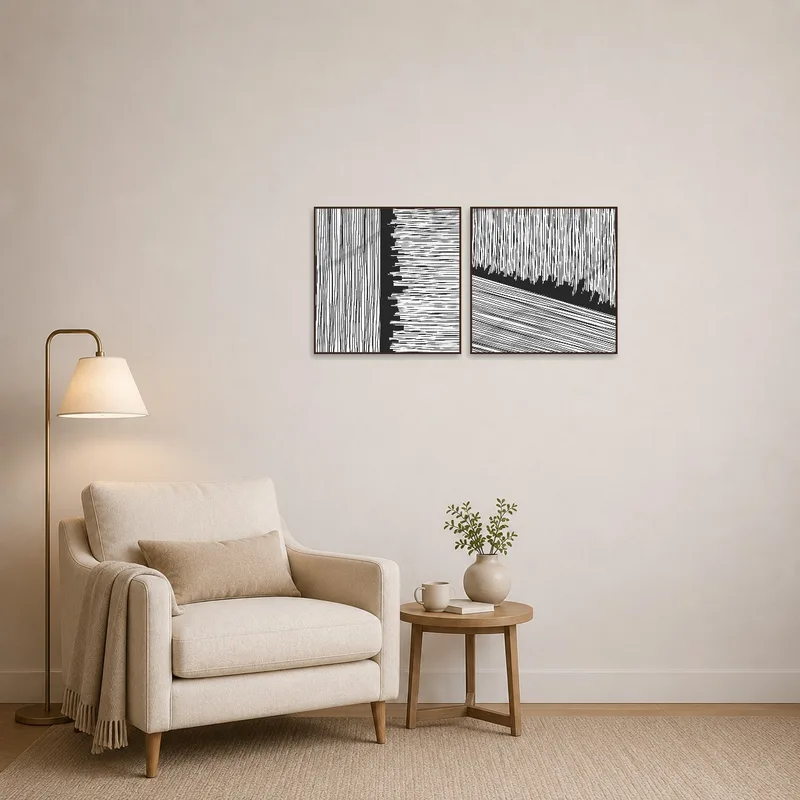 Cozy reading corner with an abstract monochrome line art set accentuating the nook.