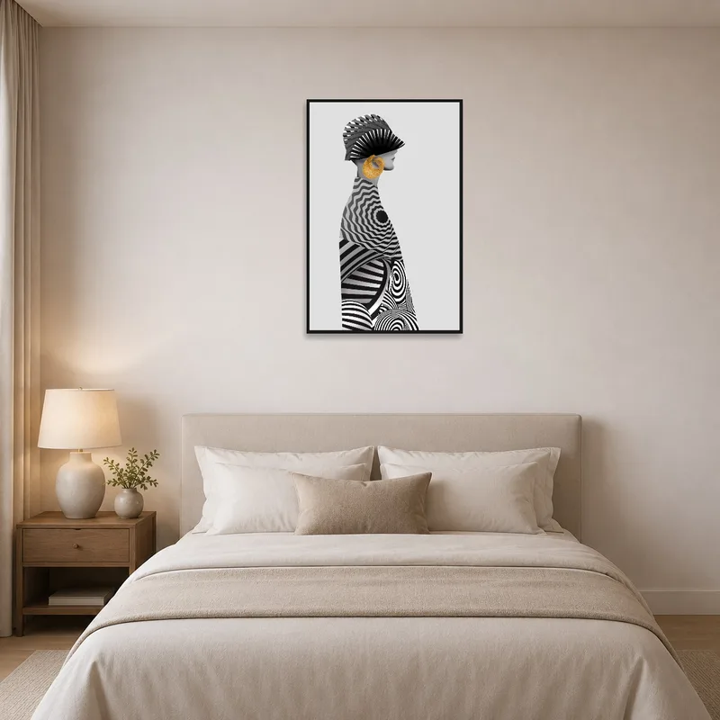 Chic abstract portrait with gold highlight complementing a serene bedroom vibe.