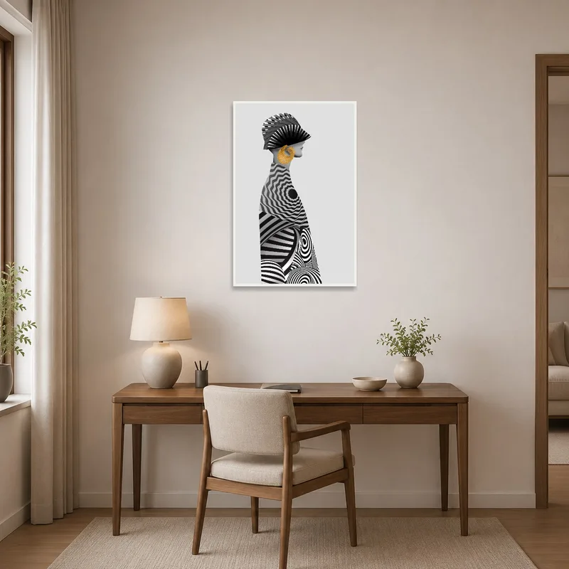 Striking abstract portrait with gold accent inspiring creativity in home office.