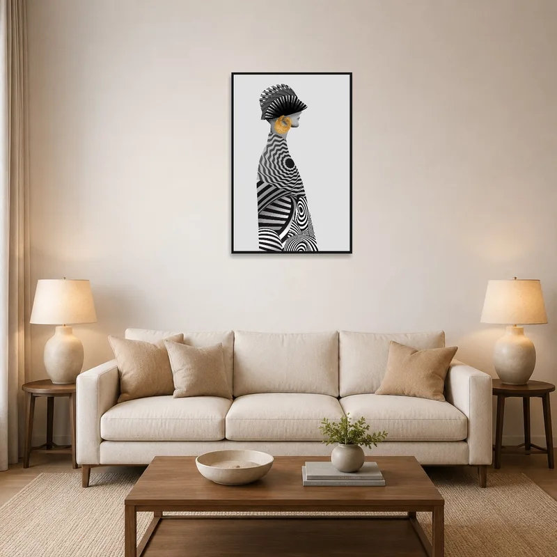 Abstract monochrome portrait with gold accent on living room wall, enhancing modern aesthetic.