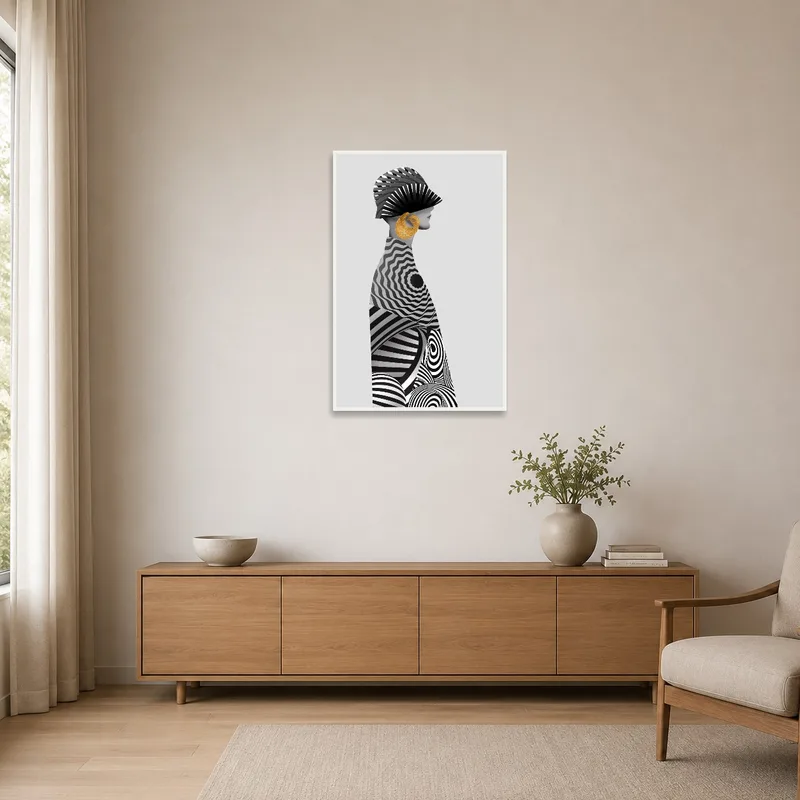 Elegant abstract portrait with gold accent in a minimalist room, adding a touch of luxury.