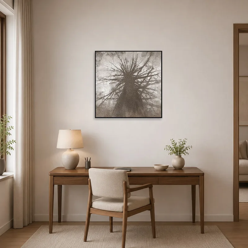 Monochrome tree art inspires creativity in a modern home office space.