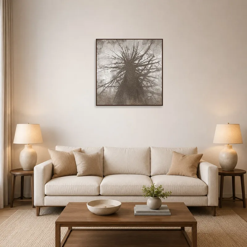 Abstract tree silhouette art on a living room wall with a cozy seating area.