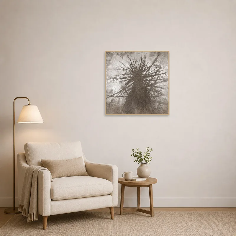 Abstract tree art creates a calm ambiance in a cozy reading corner.