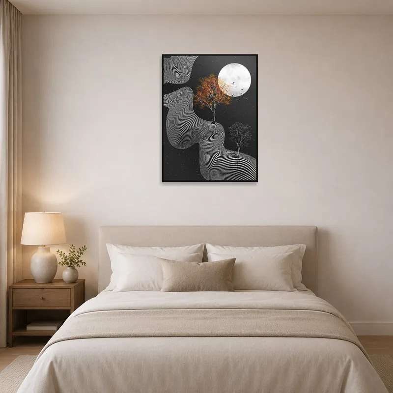 Bedroom with abstract moonlit landscape art above a neatly made bed.