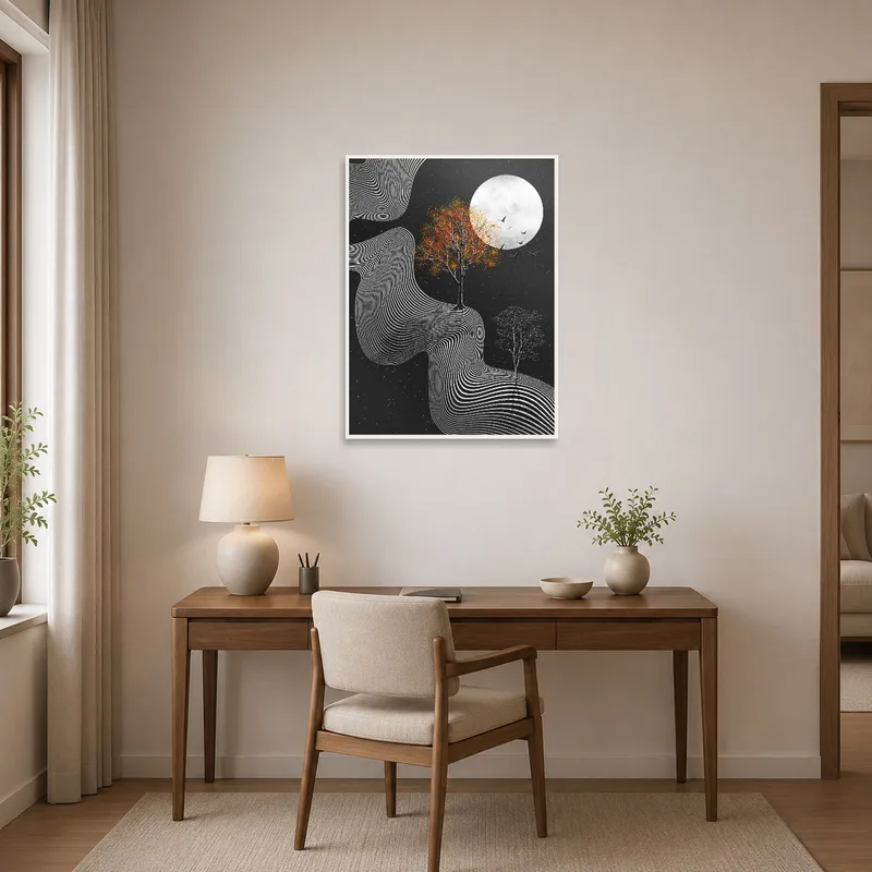 Home office featuring abstract moonlit landscape art above a sleek desk.
