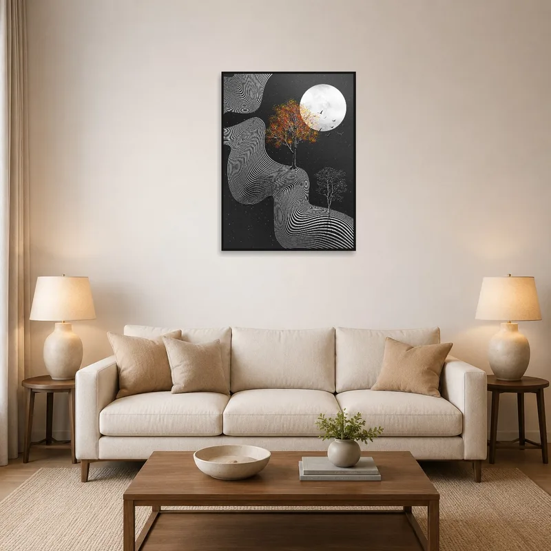 Abstract moonlit landscape art above a modern sofa in a cozy living room.