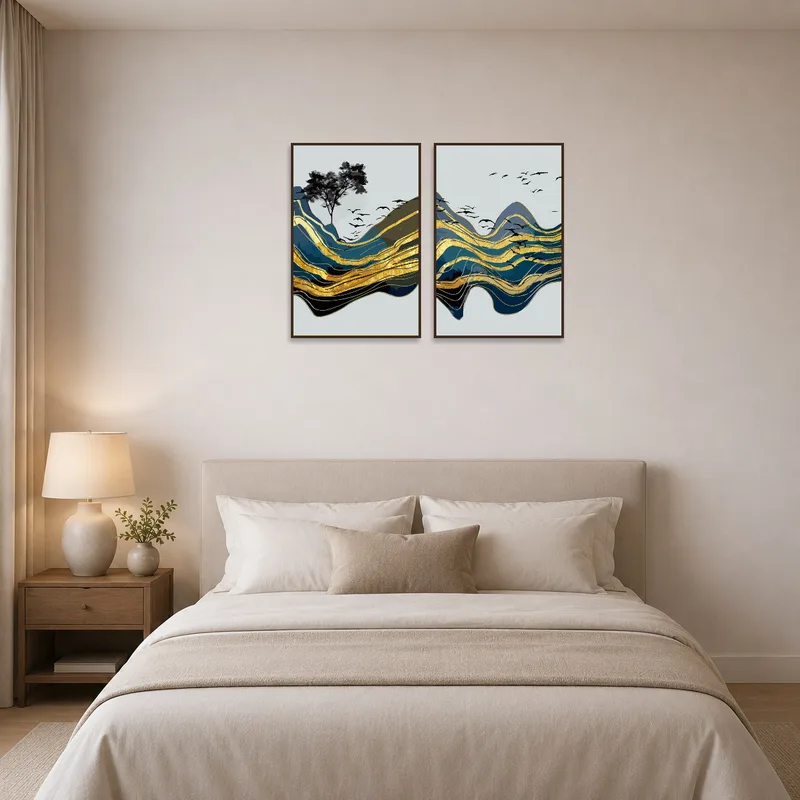 Bedroom displaying abstract mountain artwork with birds and gold touches.