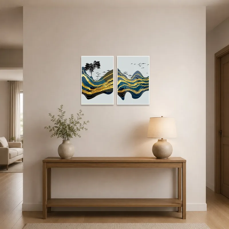 Entrance hall featuring abstract mountain art with birds and gold highlights.
