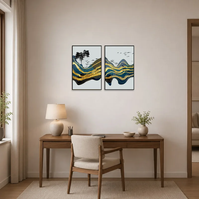 Home office adorned with abstract mountain and birds art with golden accents.